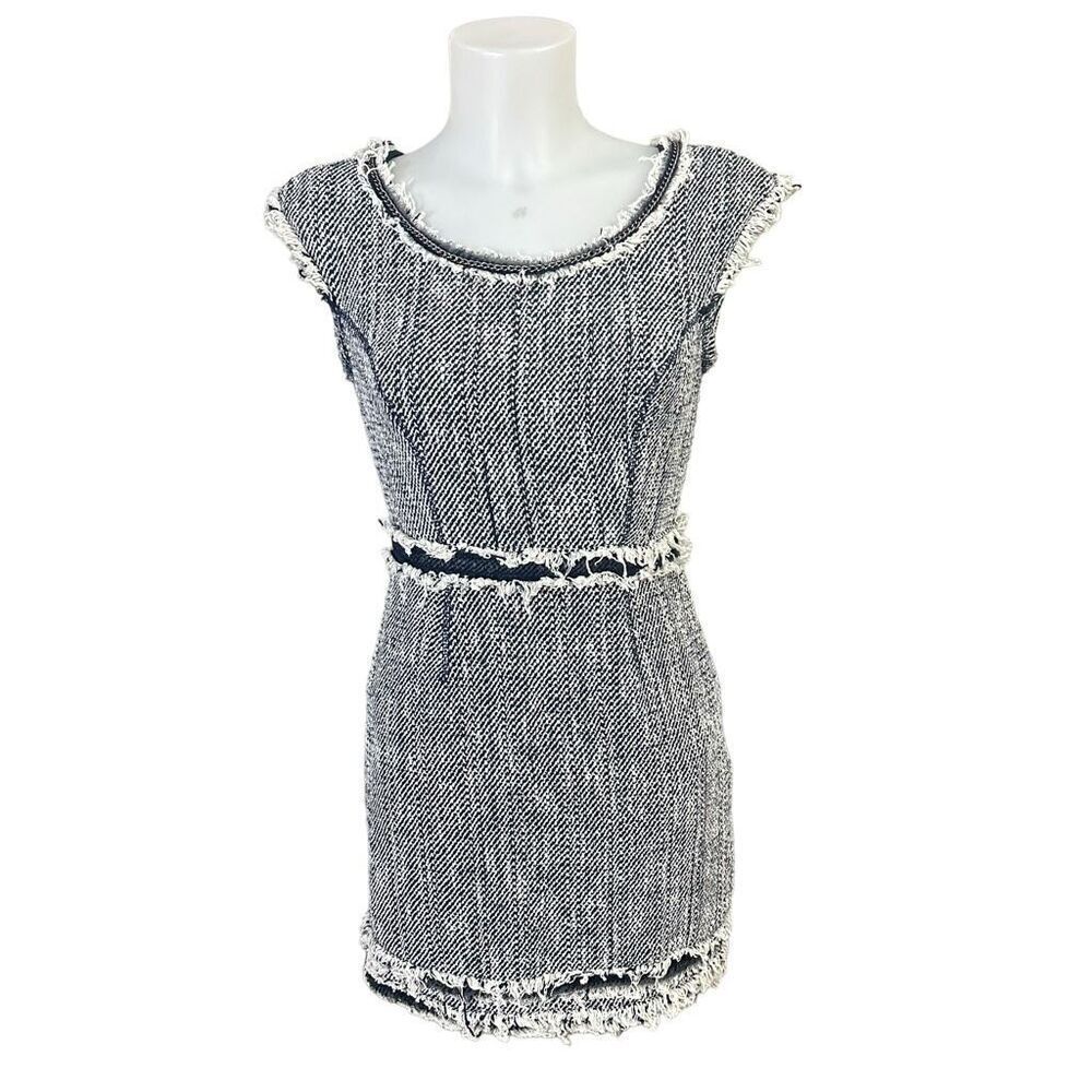 Rebecca Taylor Navy Frayed Tweed chain Round Collar mini‎ Dress Women's Size 2